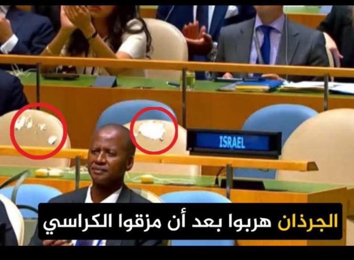 في جلسة الأمم المتحدة الأخيرة

الصهاينة مزعوا وخربوا كراسي التي تواجدوا وجلسوا عليها . 
فما بالكم بوجودهم المؤذي والمُضر على #فلسطين منذ 77 سنة .