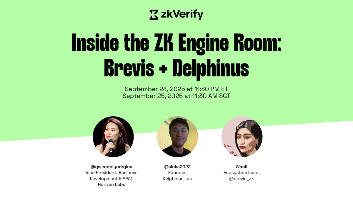 ZKVProtocol's tweet image. Step inside the ZK Engine Room with Brevis + Delphinus ⚡
Hosted by @gwendolynregina (zkVerify), joined by:
🎤 Wanli – Ecosystem Lead, @brevis_zk
🎤 @sinka2022 – Founder, @DelphinusLab
📅 Tonight @ 11:30 PM ET | Sept 25 @ 11:30 AM SGT
🔗 x.com/i/spaces/1ynJO…
We’ll dive…