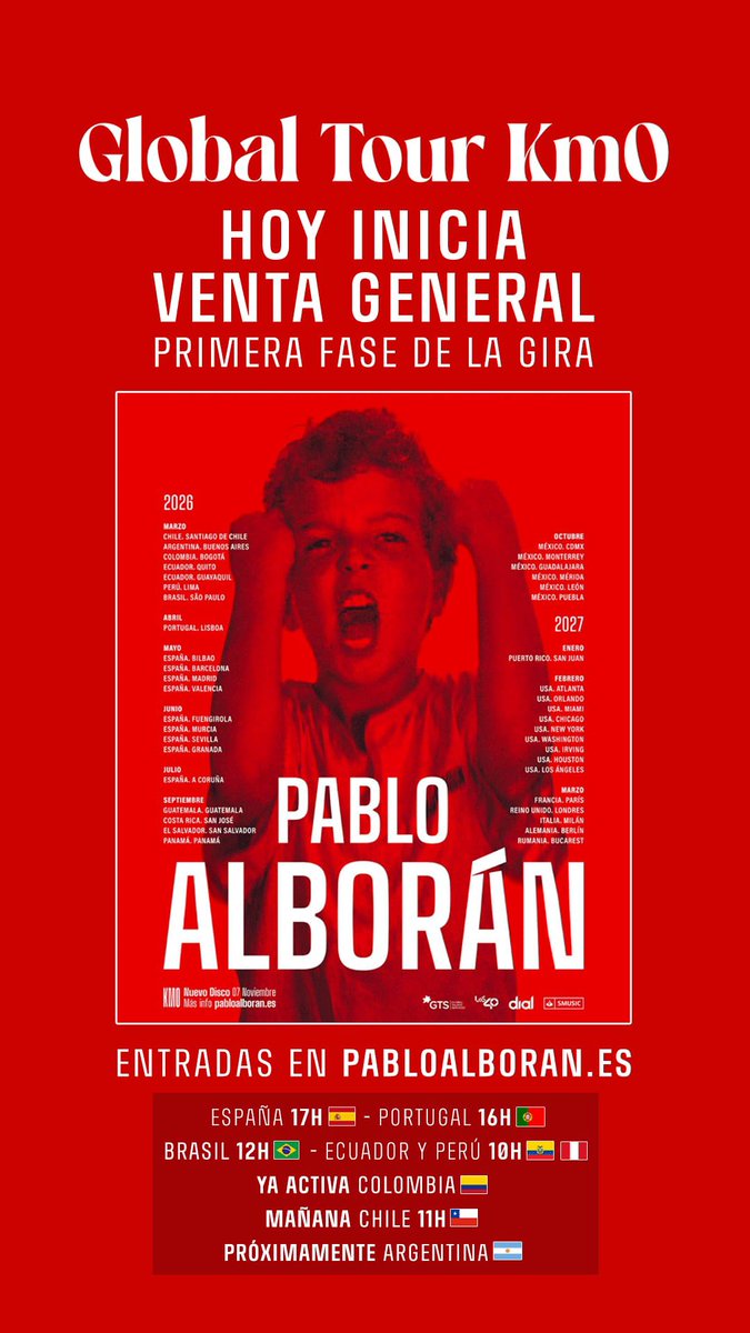 YA DISPONIBLES las entradas de GLOBAL TOUR KM0 🎟️🎟️🎟️ <a href="/pabloalboran/">Pablo Alborán</a> 

¡Corre que están volando! 🏃🏃‍♀️ pabloalboran.es/pages/gira-pab…