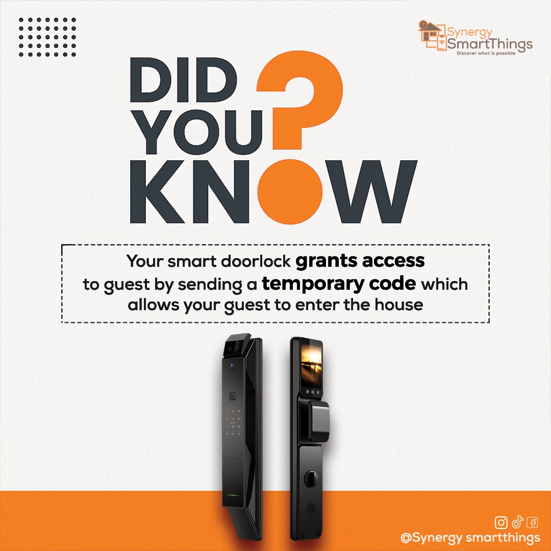 SmartThingsNG's tweet image. Did you know this? 😱
*Our Smart Lock Features:*

1. *Keyless Entry*: No more physical keys to carry or lose.
2. *Unique Access Codes*: Generate unique digital codes for guests, family members.
3. *Remote Access*: Control your smart lock from anywhere using your smartphone app.