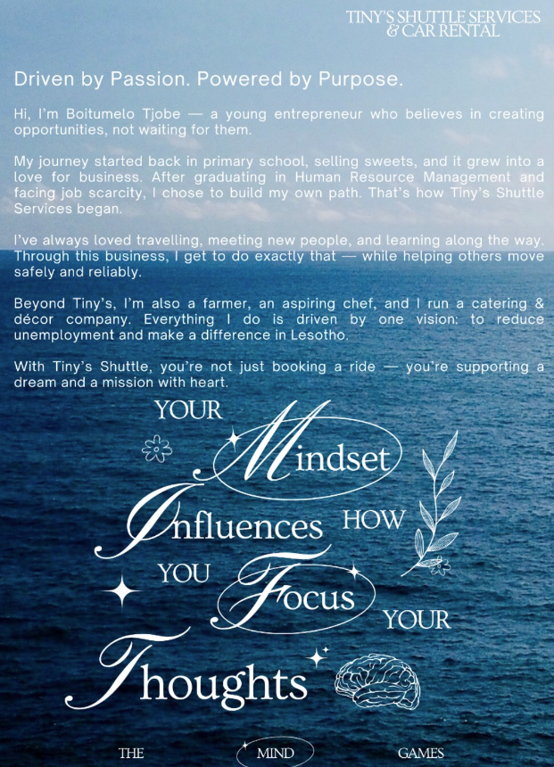 🚨✨ Honoured to spotlight Tiny’s Shuttle Services — a business built on passion, reliability, and purpose.

From Basotho to global travellers, Tiny’s Shuttle shows how dreams with heart can move nations. 🚐🌍

#ExecutiveFloor #Spotlight #TinyShuttle #MadeInLesotho