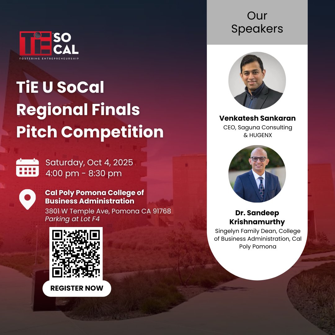 We’re excited to announce two inspiring speakers for the TiE U SoCal Regional Finals – Pitch Competition.

Sat, Oct 4, 2025 |4:00 pm - 8:30 pm |Cal Poly Pomona College of Business Administration

Register here: events.tie.org/TiEU-SoCal-Cha…

#TiESoCal #TiEUniversity