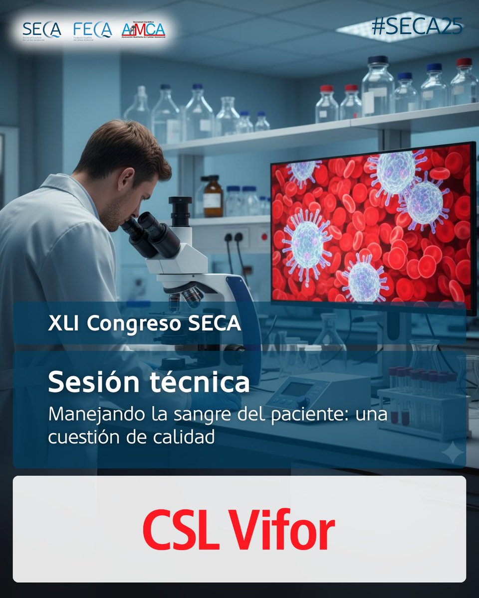 #SECA25 Sesión técnica 🤝 patrocinada por @CSLViforES ⤵ "Manejando la sangre del paciente: una cuestión de calidad"
📅 23 OCT | ⏰ 13:00h - 14:00h | 📍 <a href="/IFEMA/">IFEMA MADRID</a> 
✍🏼 Puedes inscribirte al XLI Congreso SECA sobre #CalidadAsistencial, aquí: calidadasistencial.es/xli-congreso-s…
¡Os esperamos!