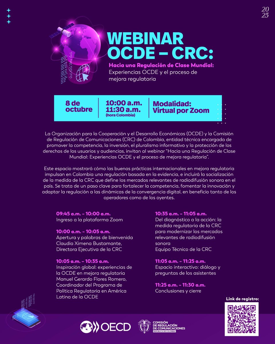 Regulatel (@regulatel) on Twitter photo 📊 La <a href="/CRCCol/">CRC Colombia</a> y la <a href="/OCDE_RLAC/">OCDE Política Regulatoria</a> invitan al webinar “Hacia una Regulación de Clase Mundial”. Fecha: 8/10 ⏰ 10:00 a.m. (COL). Modalidad: virtual. Inscripción 👉 meetoecd1.zoom.us/webinar/regist… 📊 La <a href="/CRCCol/">CRC Colombia</a> y la <a href="/OCDE_RLAC/">OCDE Política Regulatoria</a> invitan al webinar “Hacia una Regulación de Clase Mundial”. Fecha: 8/10 ⏰ 10:00 a.m. (COL). Modalidad: virtual. Inscripción 👉 meetoecd1.zoom.us/webinar/regist…