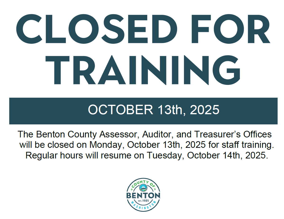 bcauditor's tweet photo. The Benton County Assessor, Auditor, and Treasurer’s Offices will be closed on Monday, October 13th, 2025 for staff training. Regular hours will resume on Tuesday, October 14th, 2025. https://t.co/q3TCvqT8p9