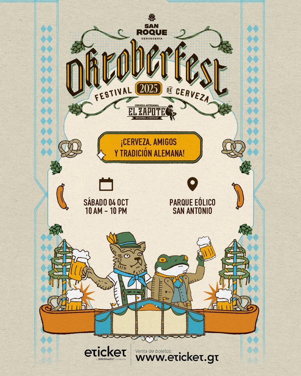 ¡SE ACERCA EL OKTOBERFEST 2025! 

Prepárate para una fiesta llena de actividades en familia, tradición alemana, música en vivo y por supuesto… ¡MUCHA CERVEZA! 🍻

🗓4 de octubre
📍Parque Eólico San Antonio
🎟eticket.gt

¡Te esperamos!

#Oktoberfest2025