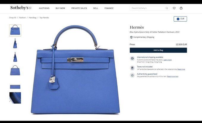A blue Hermes Kelly 25 handbag with palladium hardware. The bag has two handles, a flap closure, and a small strap with a charm. Multiple smaller images of the same bag in different angles are visible.