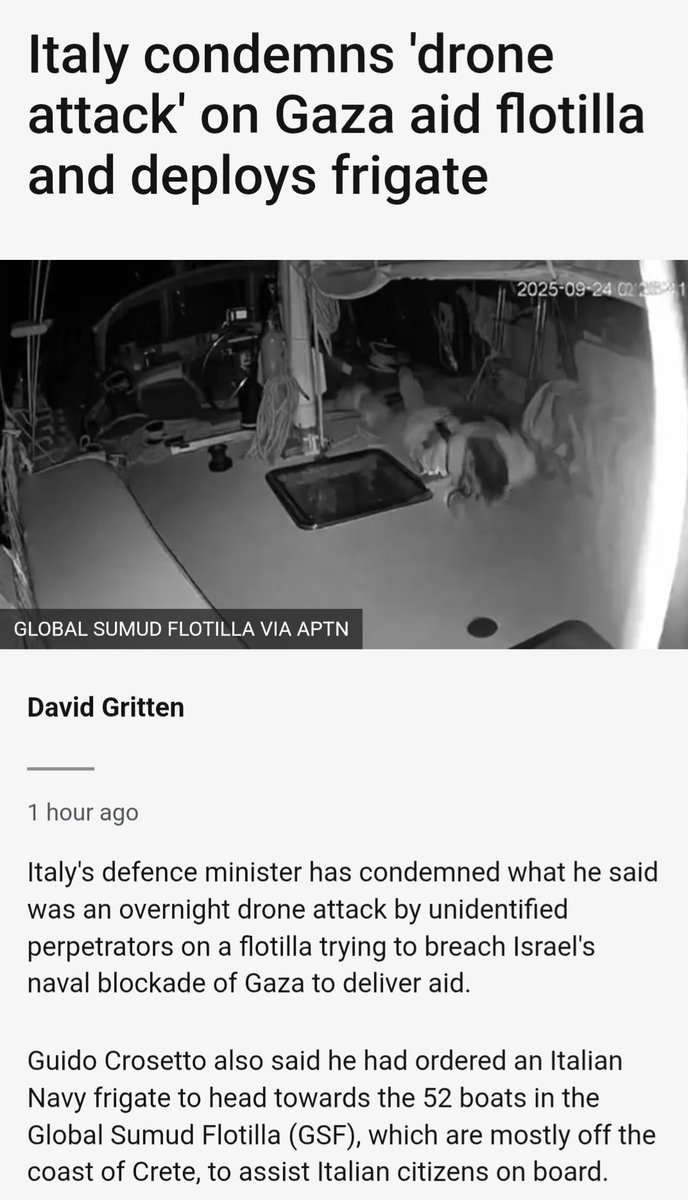 A_Piperides's tweet image. Το Ισραήλ επιτέθηκε ξανά χθες το βράδυ με drones στα πλοία που παίρνουν ανθρωπιστική βοήθεια  ενώ βρίσκονταν στα ανοικτά της Κρήτης. Η ακροδεξιά κυβέρνηση της Μελόνι υπό το βάρος της κοινωνικής πίεσης και της πρόσφατης γενικής απεργίας καταδικάζει την επίθεση και στέλνει φρεγάτα.