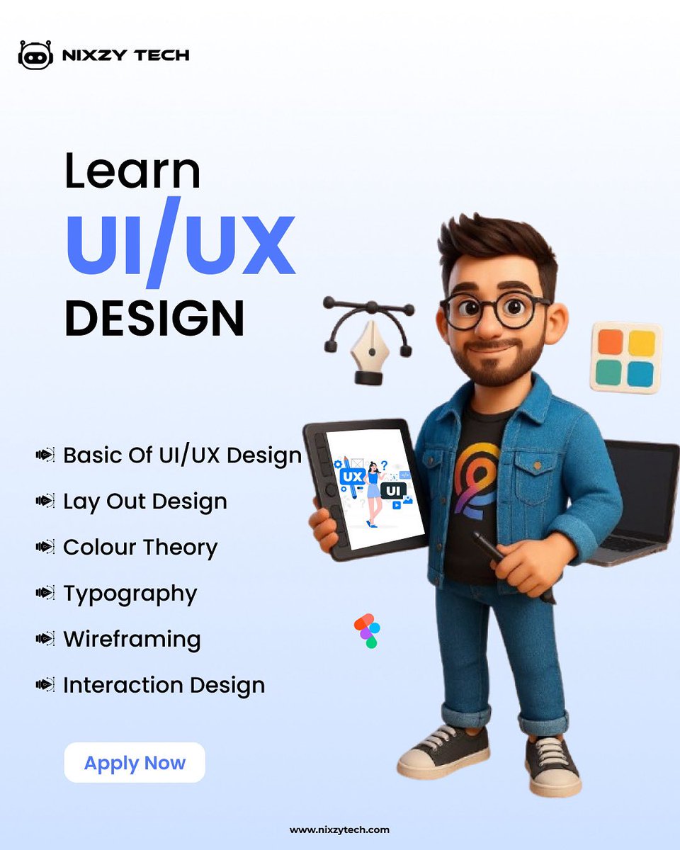 nixzy_tech's tweet image. Unlock your creativity and dive into the world of UI/UX Design! Learn the basics, typography, wireframing, and much more. Get started today
#UIDesign #UXDesign #DesignLearning #Wireframing #ColourTheory #Typography #InteractionDesign #TechEducation #NixzyTech #DesignJourney