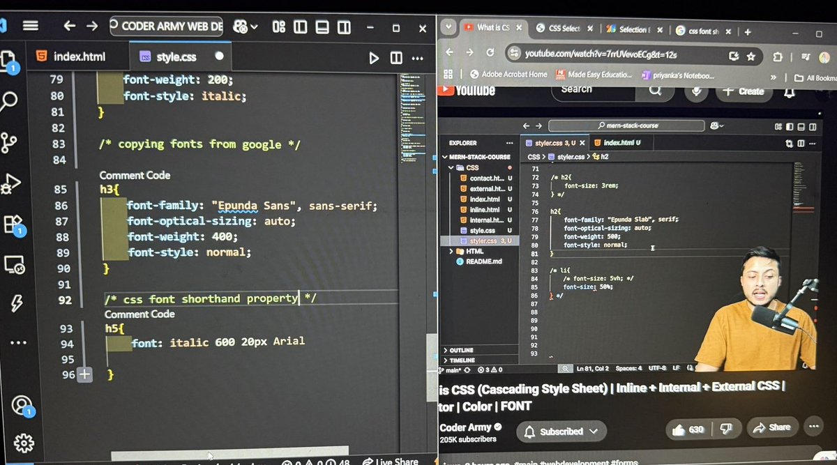 Ayushtiwari7819's tweet image. Day 7 of Web Development 🫡

started with CSS today 🔥 Learned about types of CSS + some styling basics like background color, font size, weight &amp;amp; family.

Also got to know how to grab fonts from Google &amp;amp; integrate them  😾🙌🏻

#MERNStack #WebDev #100DaysOfCode #100xDevs