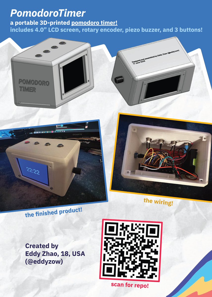 GitHubEducation's tweet image. More from @hackclub Undercity Hackathon at @github HQ:
🌱 AutoPlant — automated grow rig: lights/heat/water. Siddharth Naidu, 14, USA

⌨️ Easy75 — 3D-printed 75% mech kb, OLED + encoder. Eddy Zhao, 18, USA

⏱ PomodoroTimer — 3D-printed timer, 4” LCD + knob. Eddy Zhao, 18, USA