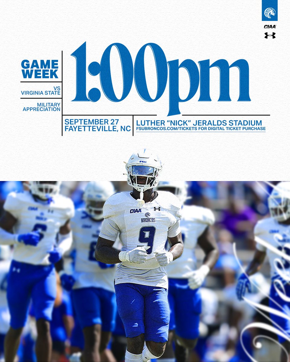 Fsubroncos_fb's tweet image. Meet us at 𝗛𝗢𝗠𝗘!

🗓️ This Saturday, Sep. 27
🆚 Virginia State | Military Appreciation Day
📍 Luther &quot;Nick&quot; Jeralds Stadium | Fayetteville, NC
🎟️ 𝗗𝗶𝗴𝗶𝘁𝗮𝗹 𝗧𝗶𝗰𝗸𝗲𝘁𝘀 𝗢𝗡𝗟𝗬 - fsubroncos.com/tickets
👜 FSU has a 𝗰𝗹𝗲𝗮𝗿 𝗯𝗮𝗴 𝗽𝗼𝗹𝗶𝗰𝘆

#fsubroncos