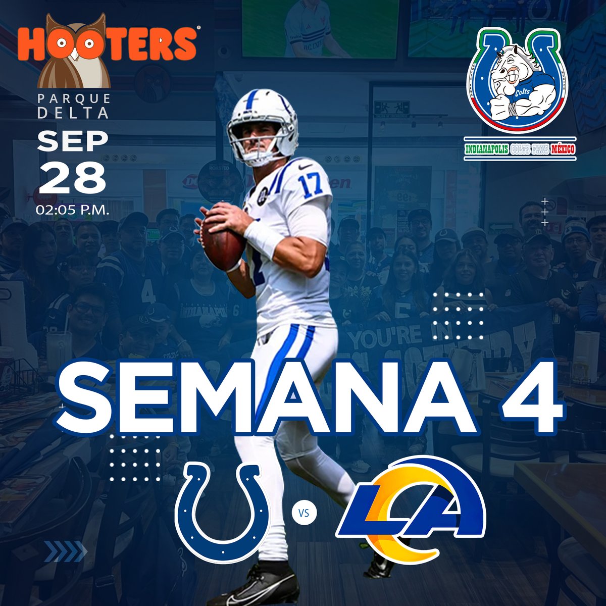 ¡Hermandad #Colts, tenemos un compromiso este domingo 28 de septiembre en Hooters Parque Delta a las 2:05 pm para apoyar a nuestros Superpoderosos #Colts!
<a href="/Colts/">Indianapolis Colts</a> vs <a href="/RamsNFL/">Los Angeles Rams</a> 
#ForTheShoe <a href="/KalenIJackson/">Kalen Jackson</a>  <a href="/ColtsLife/">Colts Life</a> <a href="/FOXSportsMX/">FOX Sports MX</a>