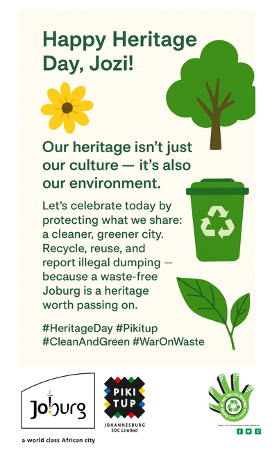 CleanerJoburg's tweet image. Happy Heritage Day, Jozi! 🌼
Today we celebrate our diverse cultures, shared traditions, and beautiful city. Let’s honour our heritage by protecting it — keep Joburg clean, recycle, and say 🚫 NO to illegal dumping. 💚♻️ 🚮
#HeritageDay #WarOnWaste @CityofJoburgZa