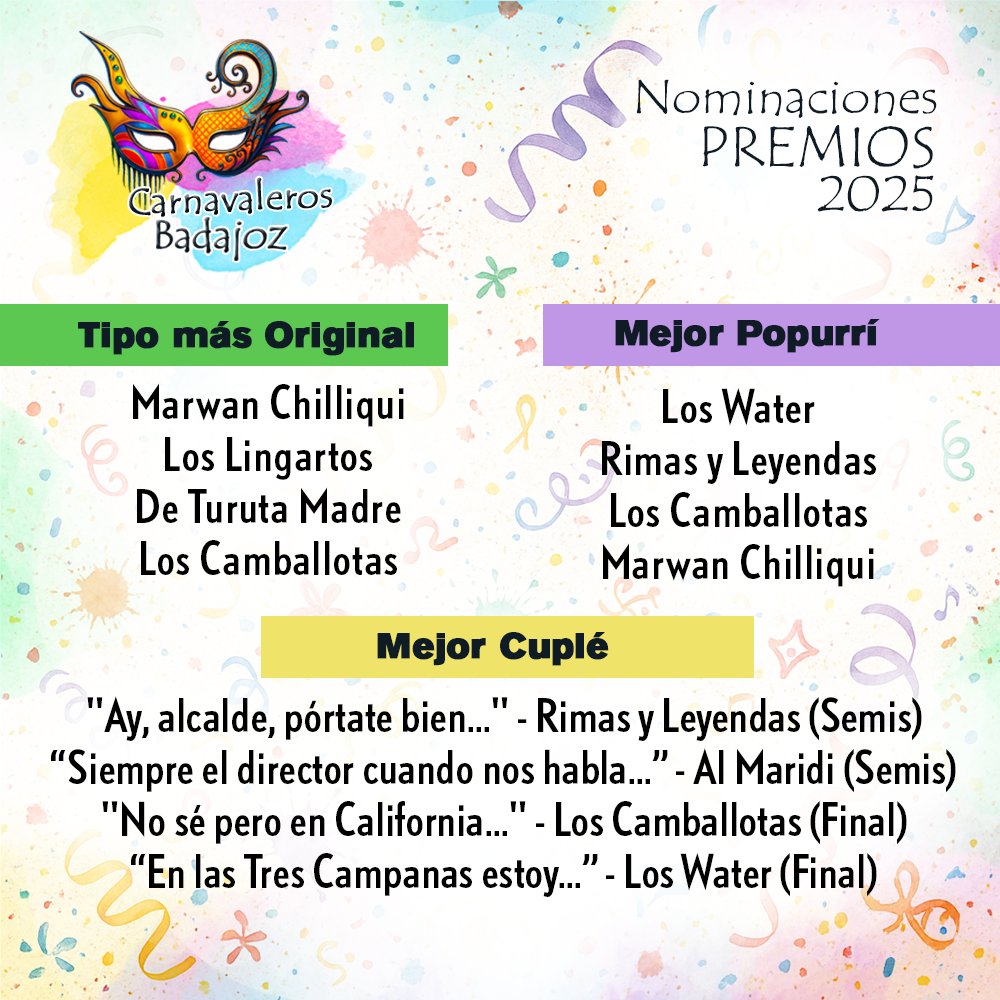 Sumamos otras 6 categorías más con sus nominados 🎭✨.
Ya solo quedaría la última publicación de nominados, que llegará esta noche 👀. Gracias a tod@s por seguir haciendo más grande el Carnaval de Badajoz 💜.
#PremiosCarnavaleros2025 #carnavaldebadajoz