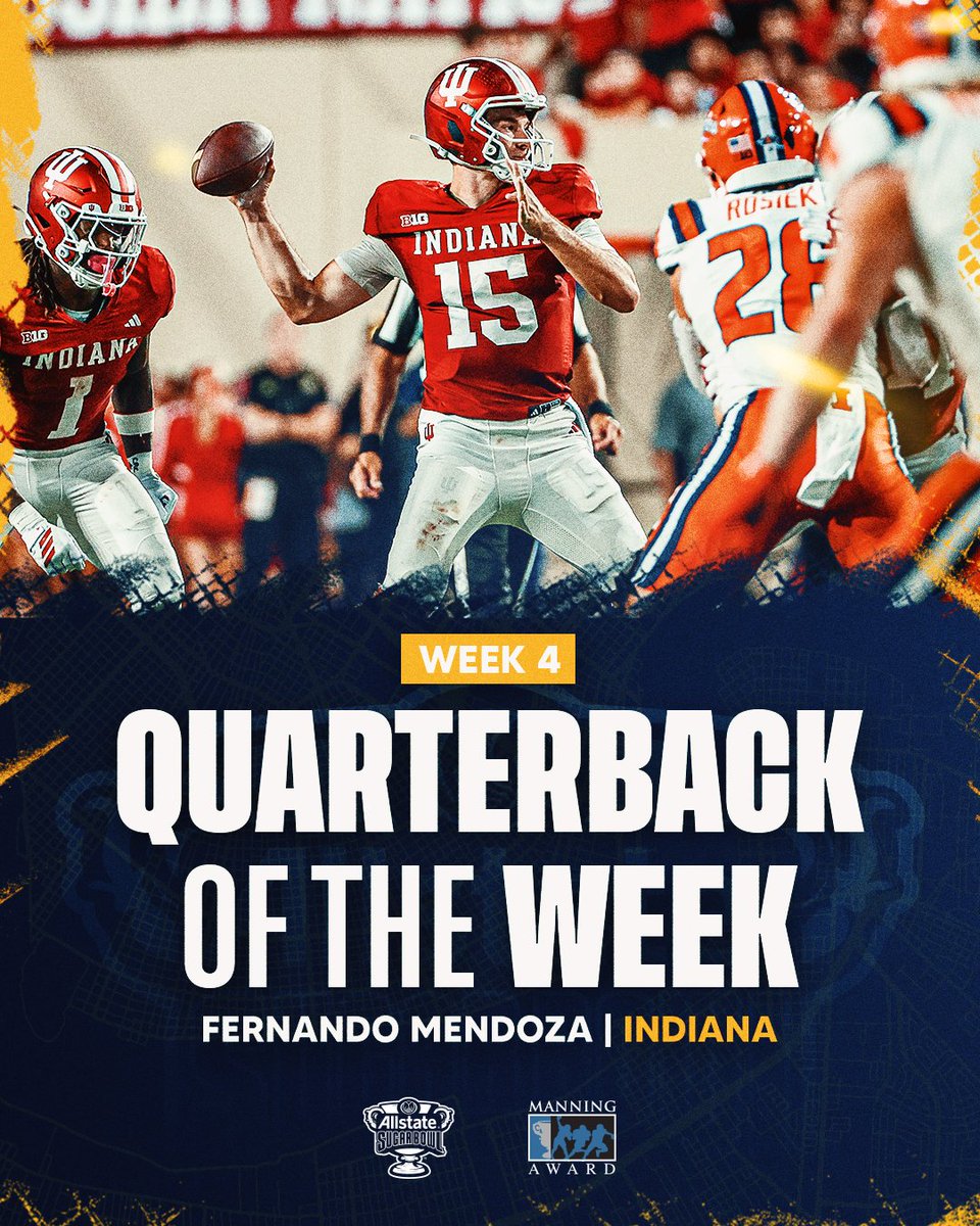 ✅The votes are in!

Your Week 4 #ManningAward Quarterback of the week is….

🏆 Fernando Mendoza, Indiana

🏈 (21-of-23, 271 total yards, 5 TDs, 0 INT, QBR: 93.6)