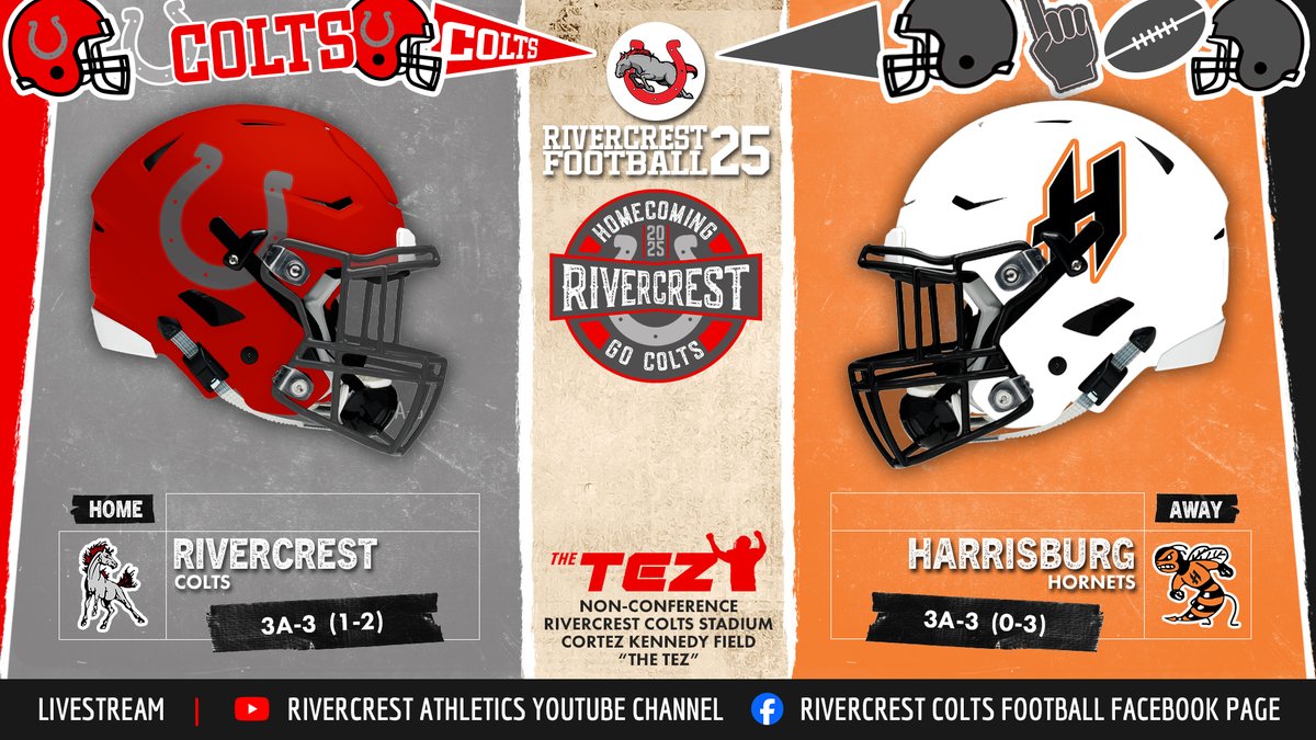 🎥 Livestream tonight: YT: youtube.com/@rivercrestath… | FB: facebook.com/RivercrestColt…
It’s Homecoming + 3A-3 opener at The TEZ! Rivercrest (1-2) hosts Harrisburg (0-3). Kick at 7, court at 6:25. Bounce-back time. Colts lead series 22-2.