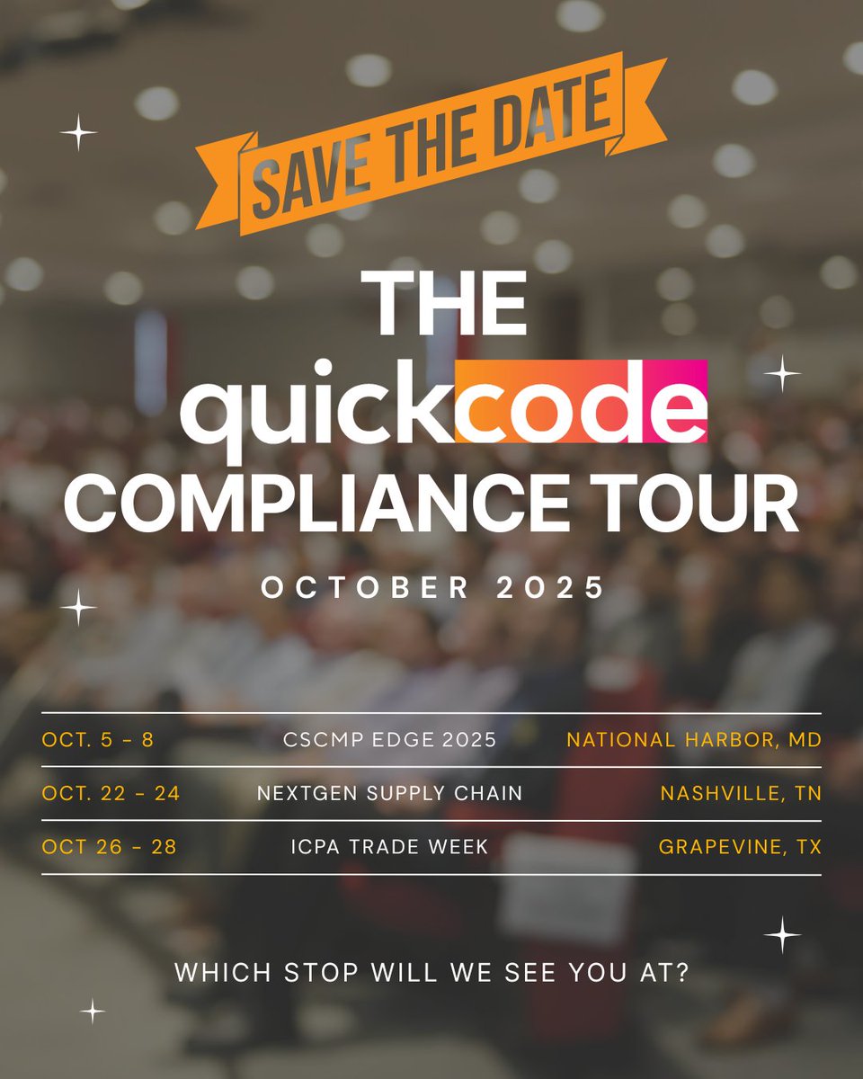 QuickCodeAI's tweet image. Team Quickcode is on the road this October!
📍 @CSCMPEDGE (Oct 5–8, MD)
📍 NextGen Supply Chain (Oct 22–24, TN)
📍 @icpasocial (Oct 26–28, TX)
Where will we see you?