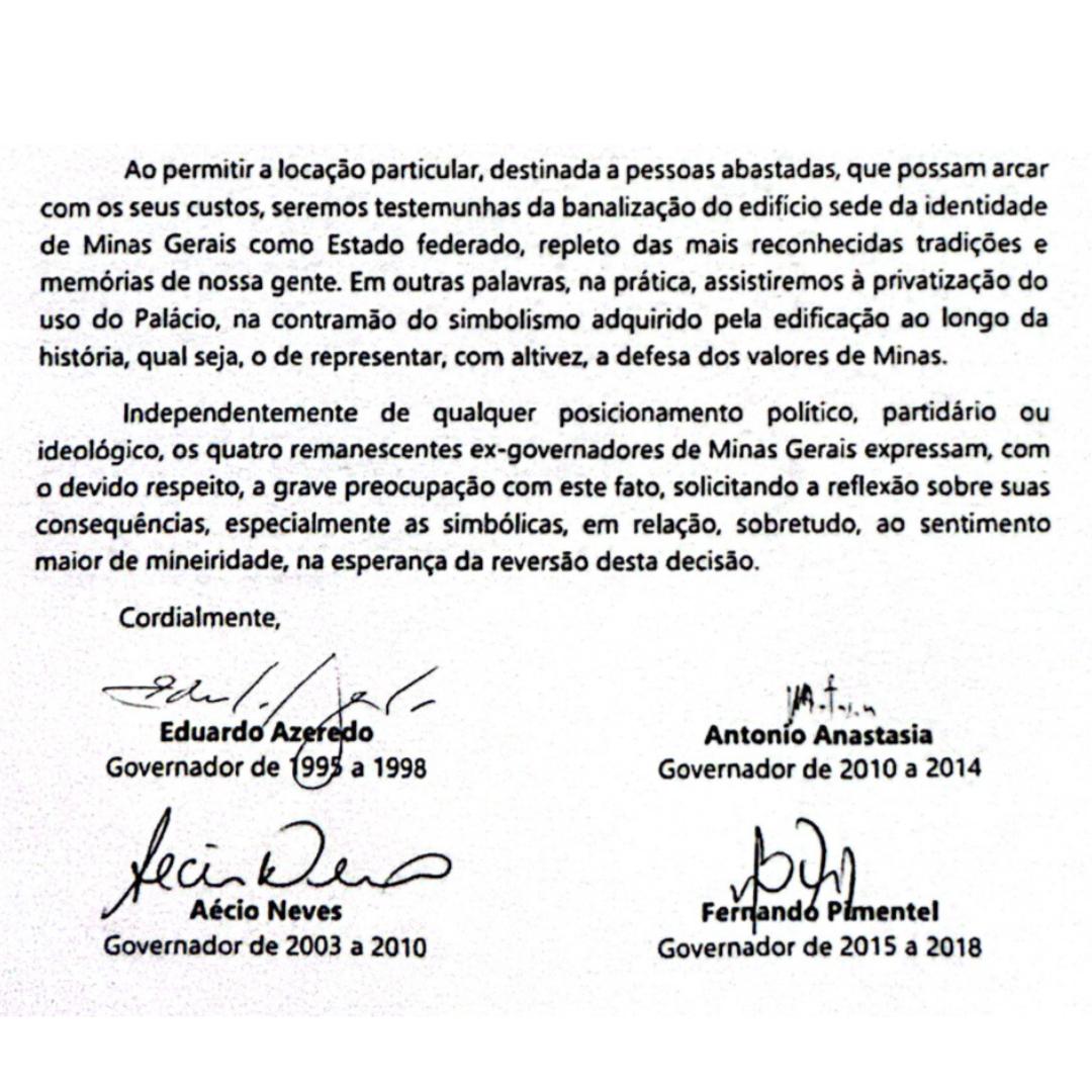 Romeu Zema autoriza locação comercial do Palácio da Liberdade e recebe Carta Aberta de ex-governadores.