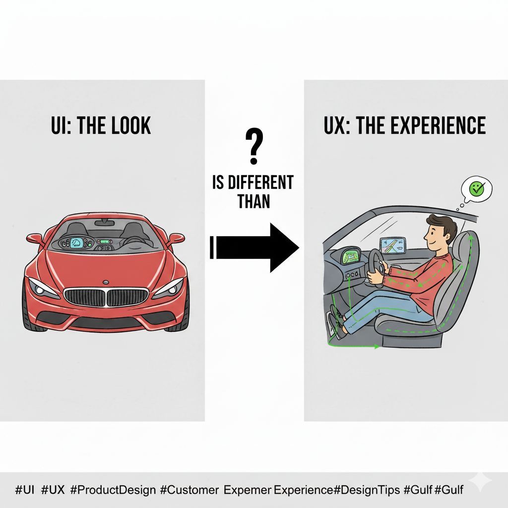 simplify_ux's tweet photo. متردد بين الـ UI والـ UX؟ 🤔
تخيل سيارتك:

الـ UI (واجهة المستخدم): هو شكل السيارة الجذاب، لونها، تصميم لوحة القيادة الفخم.

الـ UX (تجربة المستخدم): هو مدى سهولة القيادة، راحة المقاعد، وكفاءة المكابح.

المظهر مهم، لكن الشعور بالتجربة هو الأهم. في سوقنا الخليجي https://t.co/zAo328MJAc