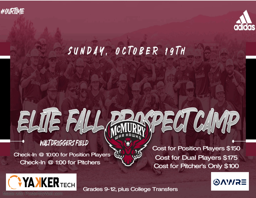 🗓️MARK YOUR CALENDARS!!
**ELITE FALL PROSPECT CAMP**
⚾️SUNDAY, OCTOBER 19th    
🏟️Walt Driggers Field 

**NEW!!! <a href="/Yakkertech/">Yakkertech</a> data will be provided.

Email Coach Adams to register:  adams.roderick@mcm.edu
OR use this link:  secure.qgiv.com/for/athleticsd…