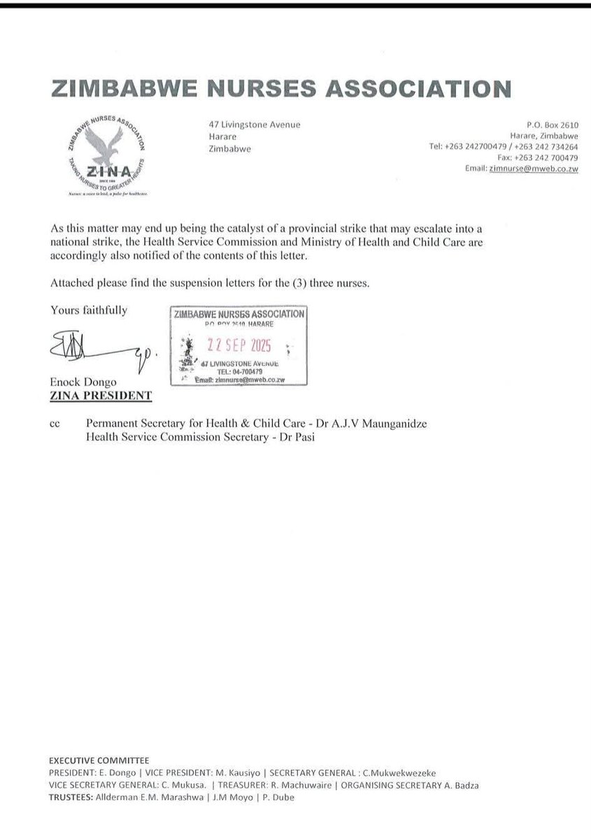 The Zimbabwe Nurses Association (ZINA) condemned the suspension of three nurses at Marondera Provincial Hospital for practising flexible working hours, calling the move unfair and threatening STRIKE action if they are not reinstated. <a href="/EnockDongo10/">Enock Dongo</a> <a href="/NewZimbabweCom/">NewZimbabwe.com</a>