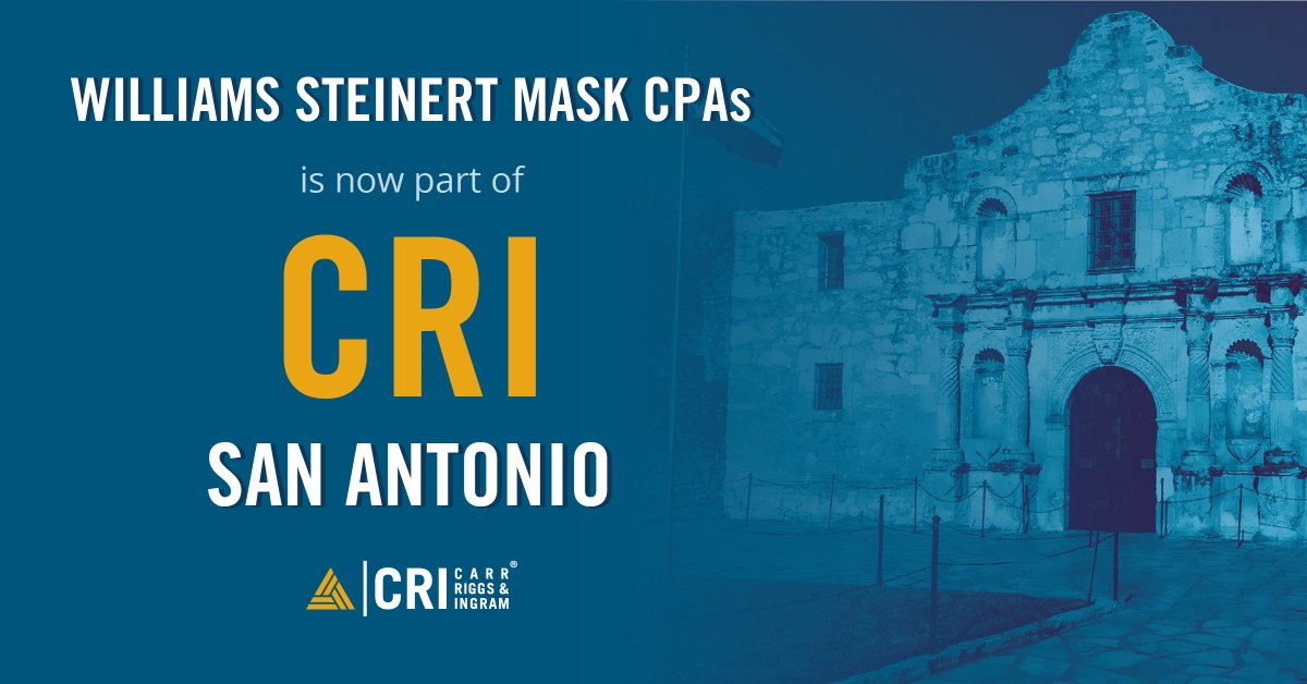 CRI is expanding into San Antonio with Williams Steinert Mask CPAs! With 60+ years of trusted service, WSM strengthens our presence in Texas and expands the resources we provide to clients.

Learn more: criadv.com/news/top-25-fi…

#CRIadv