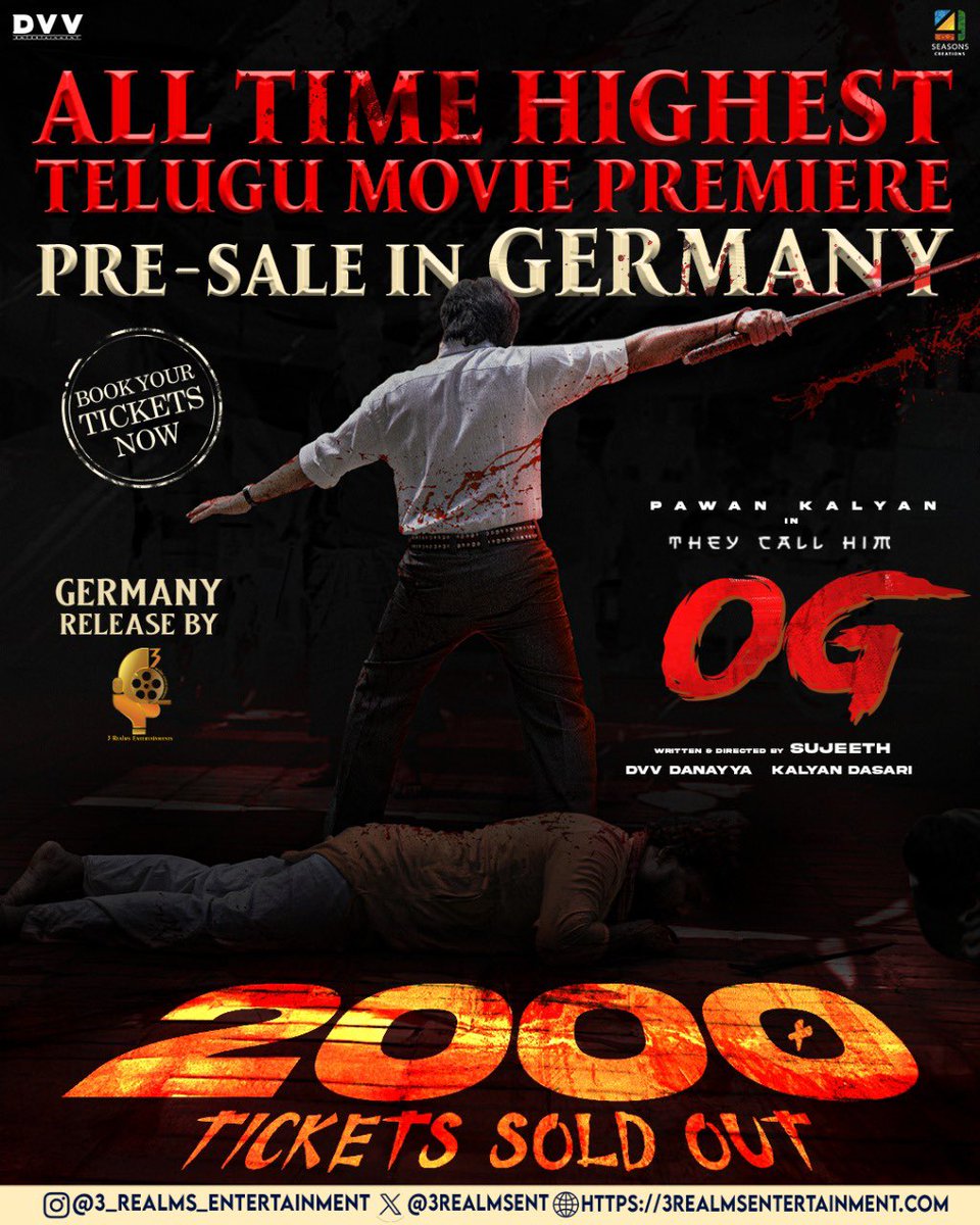 Germany witnessing Firestorm

All time highest premiere pre-sale in Germany for a Telugu movie💥

2000+ tickets premiere pre-sale.. 

Germany grand release by <a href="/3REALMSEnt/">3Realms Entertainment</a>

<a href="/4SeasonCreation/">4Seasons Creations AS</a> <a href="/PharsFilm/">Phars Film Co LLC</a> <a href="/DVVMovies/">DVV Entertainment</a> <a href="/IamKalyanDasari/">Kalyan Dasari</a> <a href="/PawanKalyan/">Pawan Kalyan</a> <a href="/Sujeethsign/">Sujeeth</a> <a href="/TrendPSPK/">Trend PSPK</a> <a href="/PkfcGermany/">PKFC Germany</a>