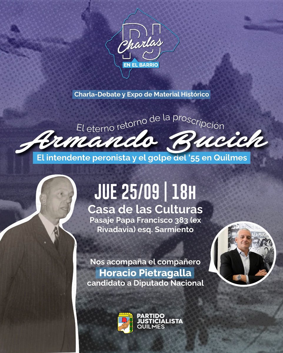 💬 A 70 años del golpe que derrocó a Perón en el '55 nos encontramos a debatir, reflexionar y compartir experiencias locales sobre el derrocamiento al entonces intendente de Quilmes Armando Bucich.

Además, nos acompañará  <a href="/pietragallahora/">Horacio Pietragalla Corti</a> candidato a Diputado Nacional✌🏼