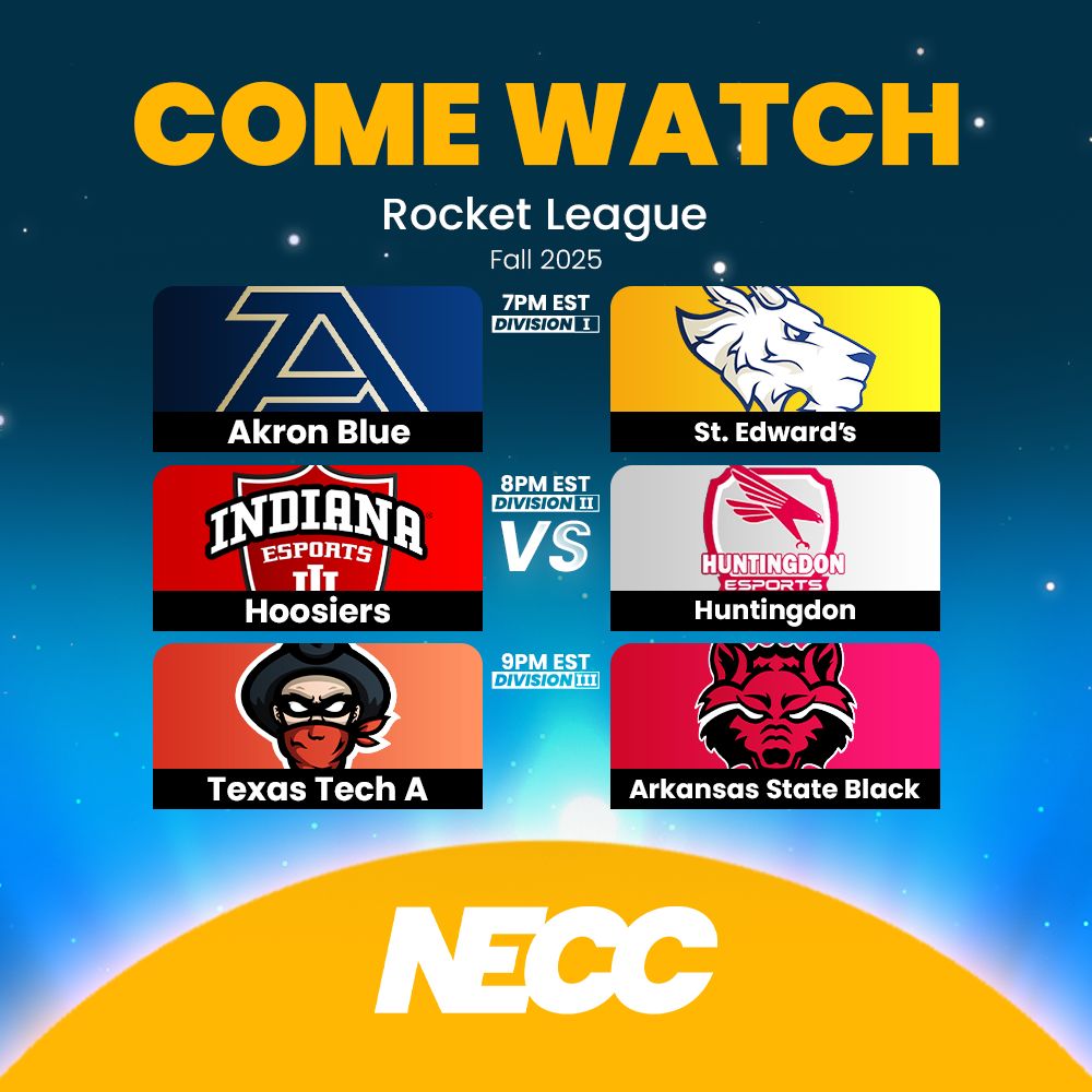 ⚽🚀 ROCKET LEAGUE ACTION – TONIGHT! 🚀⚽

We’ve got three huge NECC Rocket League matchups lined up for tonight – tune in for high-flying goals, demos and OT thrillers 👀🔥

🕖 7 PM EST – Division I
Akron Blue vs St. Edward’s
<a href="/ZipsEsports/">Akron Esports</a> vs <a href="/SEUEsports/">St. Edward's Esports</a> 

🕗 8 PM EST – Division