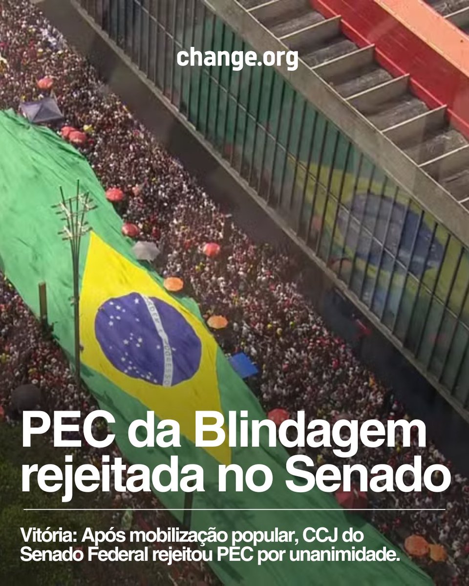 change_br's tweet image. 🇧🇷 A PEC da Blindagem foi rejeitada por unanimidade pelo Senado Federal. A decisão se deu após centenas de milhares de pessoas ocuparem as ruas no último domingo.

Um abaixo-assinado na Change.org reuniu 25 mil assinaturas contra a medida.