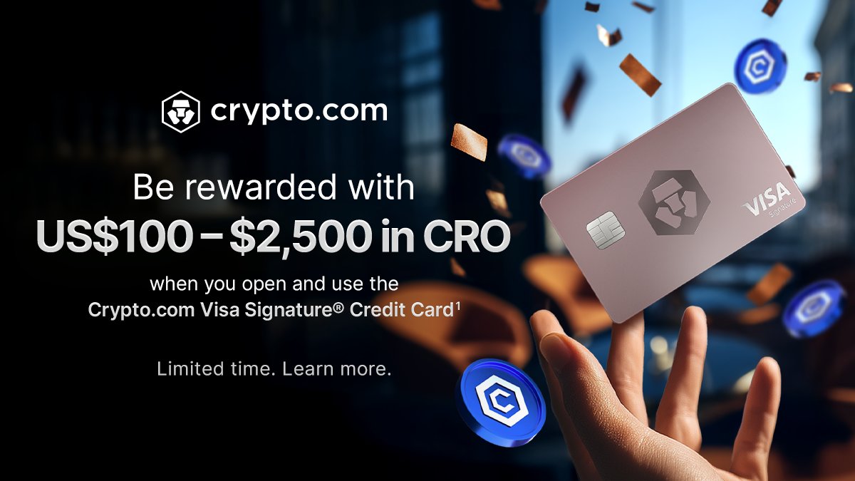 cryptocom's tweet photo. US https://t.co/hcDm4vdblb App users, you've got another chance to earn CRO worth US$100 - US$2,500¹, depending on the tier! Minimum purchase required.

Open a https://t.co/hcDm4vdblb Visa Signature® Credit Card, spend with it within 90 days of account opening, and you'll receive this exclusive welcome gift.

Valid Sep 2 - Oct 31 8:59AM ET

See details: https://t.co/WjqryBuq4L
