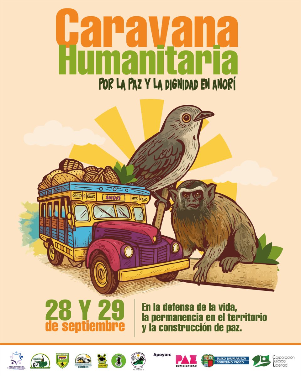 📅 El 28 y 29 de septiembre, la Caravana Humanitaria recorrerá Anorí con un mensaje de Dignidad, Resistencia y Esperanza.

🌿 Acompañamos a las comunidades más afectadas por el conflicto, exigiendo al Estado garantías para vivir en paz.

#CaravanaHumanitaria #PorLaPazYLaDignidad