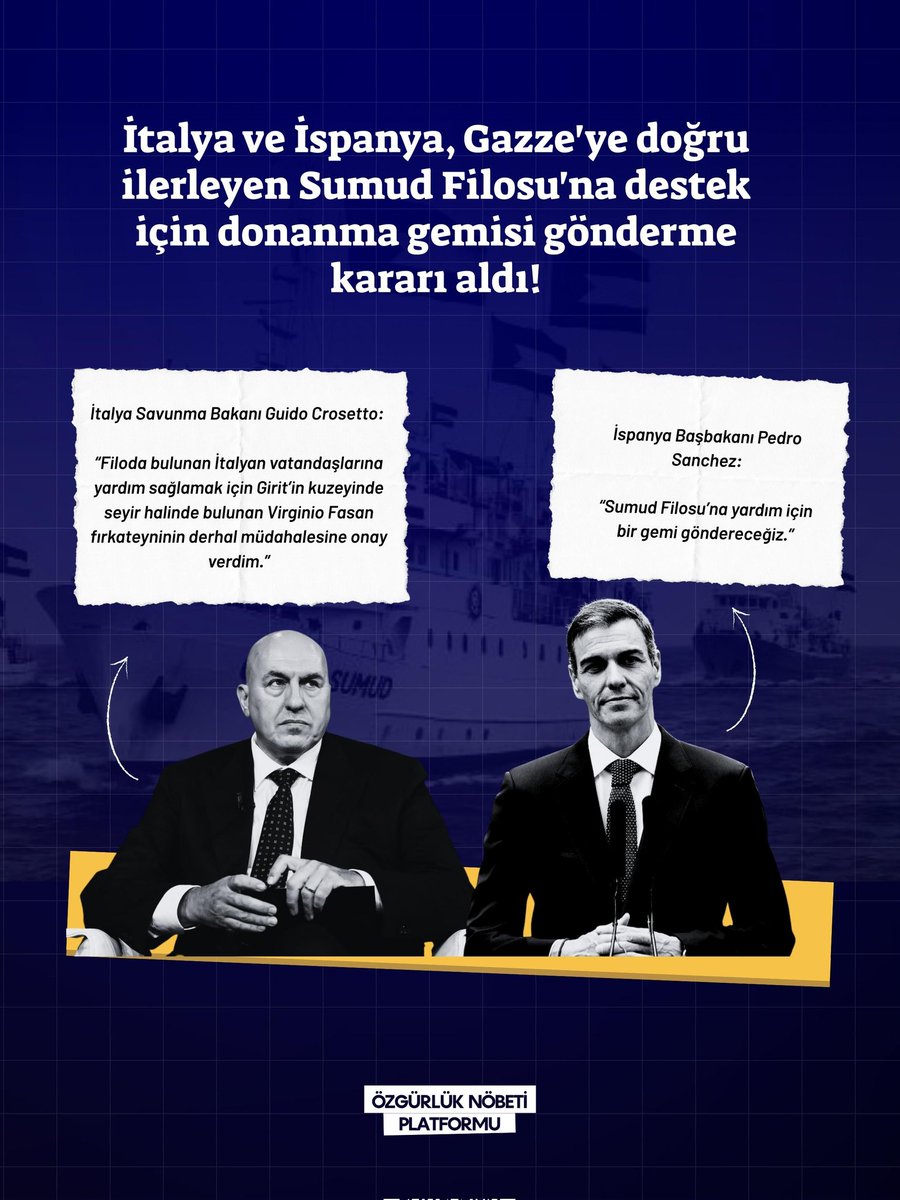🇮🇹🇪🇸 ❝ *İtalya ve İspanya’dan önemli destek!*❞

İtalya ve İspanya, Gazze’deki ablukanın kırılması için yola çıkan Sumud Filosu’na donanma gemisi gönderme kararı aldı.

Adalet ve özgürlük için yükselen bu dayanışmayı selamlıyoruz! ✊🏻

#GlobalSumudFlotilla 
#GlobalMovementtoGaza