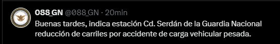 FmaMonitoreo's tweet photo. @MonitoreoSKT @CAPUFE @GN_Carreteras @088_GN https://t.co/4IJ7oH0K8F