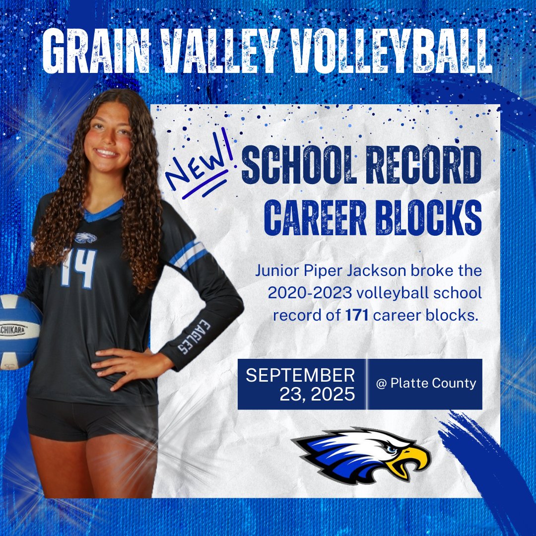 ⭐ Extra! Extra! Read all about it! Junior Piper Jackson has achieved a NEW SCHOOL RECORD!! 
➡ Last night at Platte County she earned her 172nd career block and will continue to raise that bar. Help us congratulate Piper and this outstanding achievement for Grain Valley VB!!