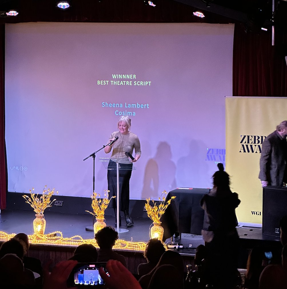 WritersGuildIRL's tweet photo. Congratulations to Sheena Lambert winner of #ZebbieAward for Best Theatre Script #Cosima @shewithonee https://t.co/j5tK5VcFN3