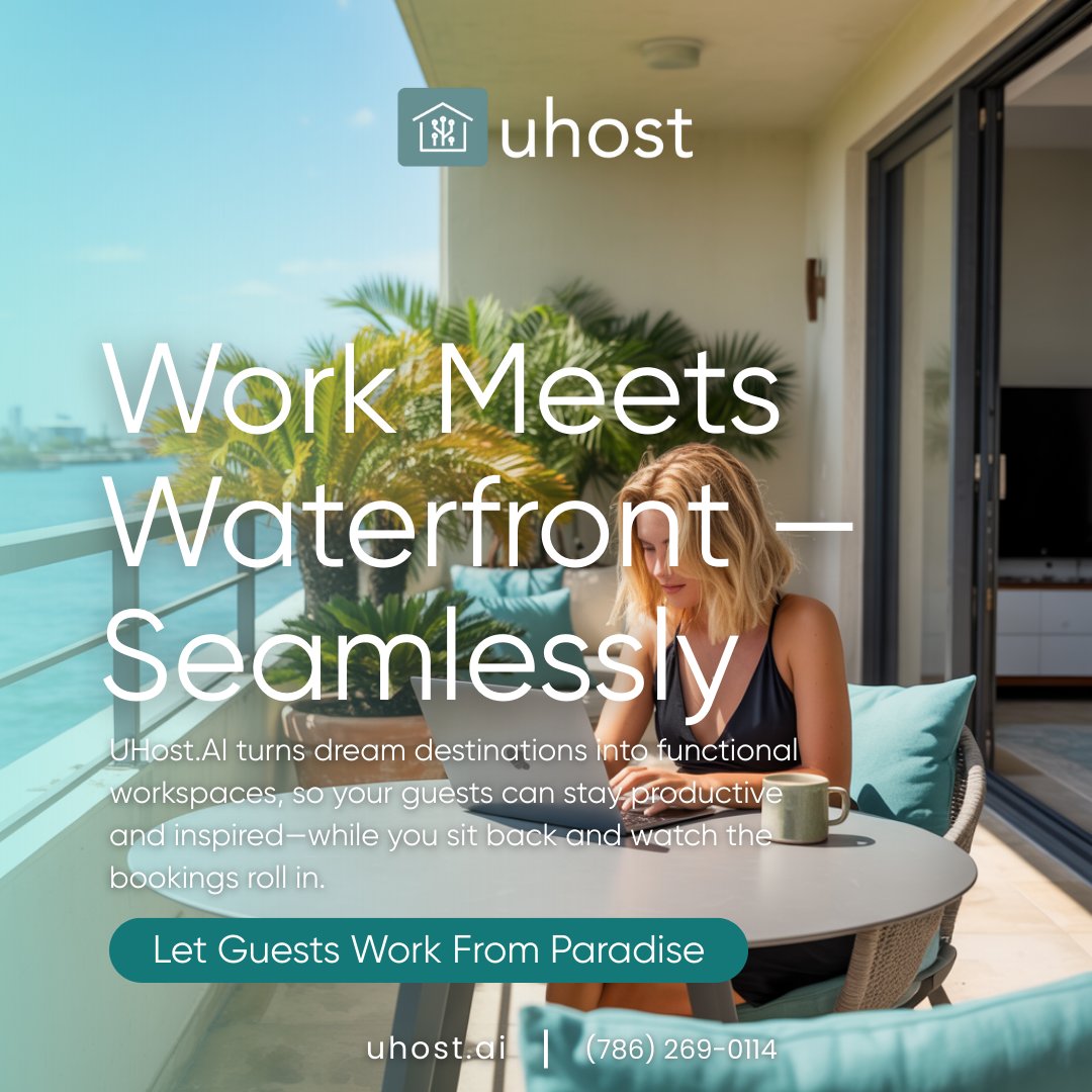 Uhost_ai's tweet image. 💼🌴 Turn your rental into a remote work haven with UHost.AI—fast Wi-Fi, smart automation &amp;amp; 24/7 guest support.

🔑 Remote-ready. AI-managed. Revenue-maximized.

📲 Link in bio.

#WorkFromParadise #AIForHosts