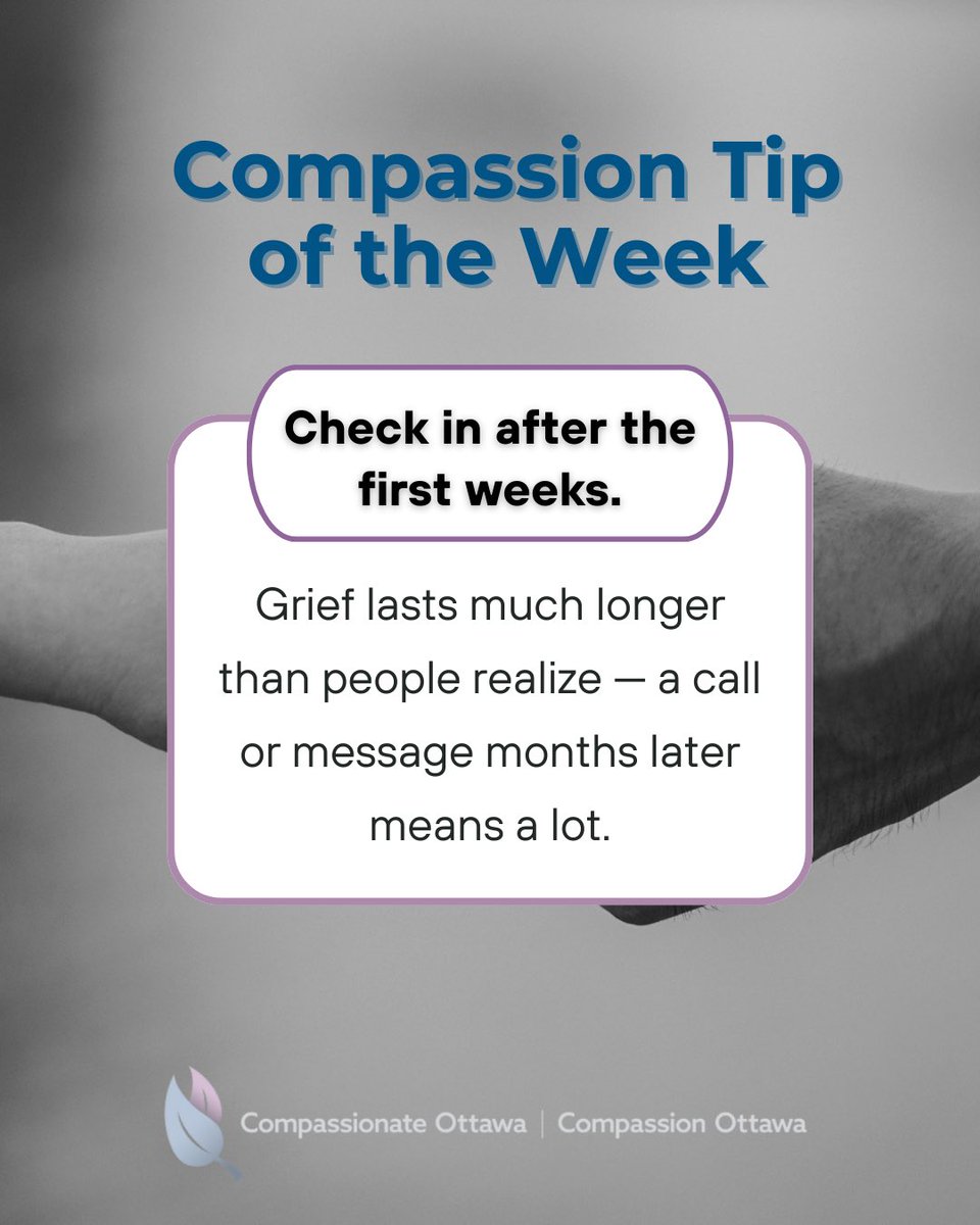 Compassionate_O's tweet image. Supporting someone who is grieving doesn’t have to be complicated — small actions make a big difference.
At Compassionate Ottawa, we offer free workshops to help you feel more confident supporting friends, family, and neighbours through loss.
#CompassionateOttawa #CommunityCare…