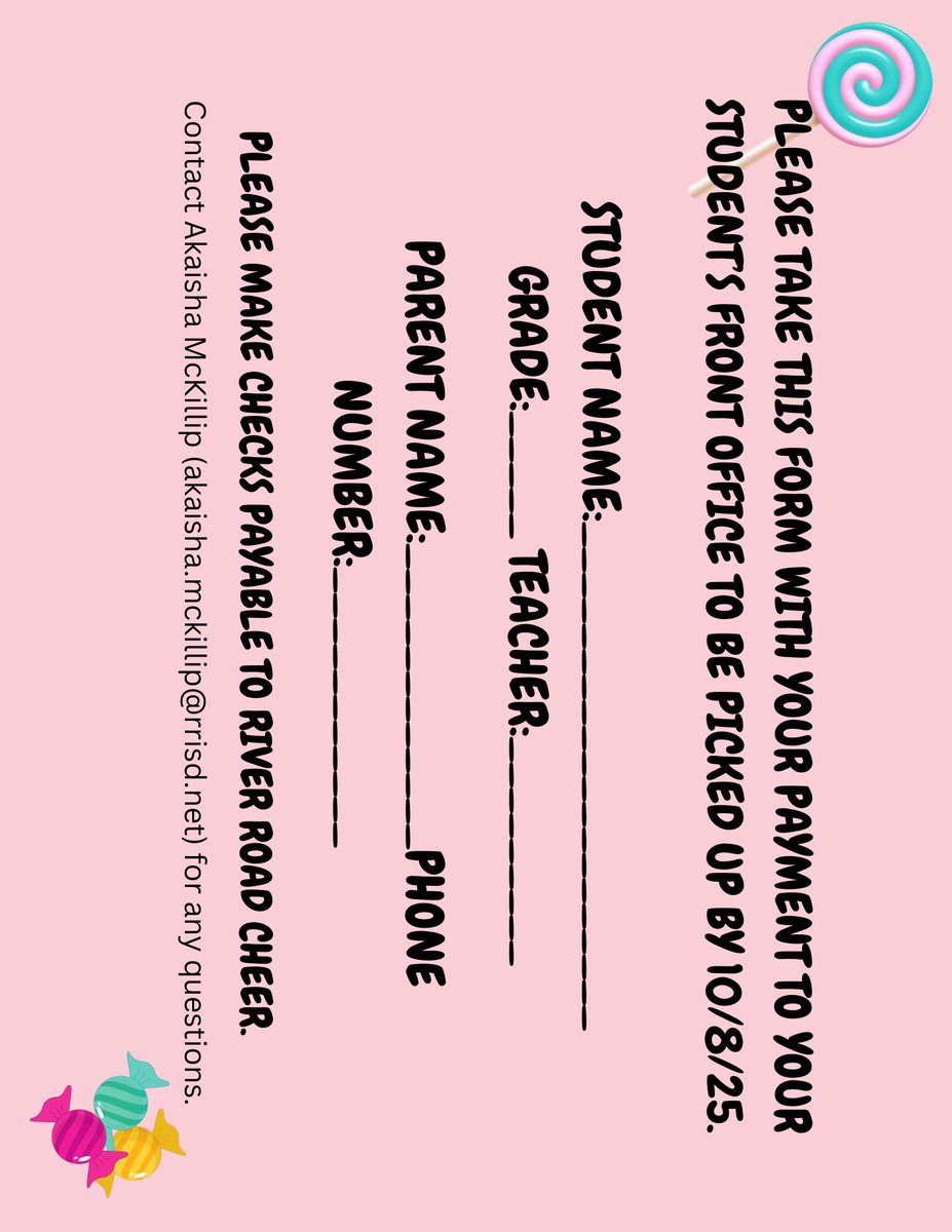 🎀 RRHS Mini Cheer Clinic 🎀
📅 Saturday, Oct. 11, 2025
📍 River Road HS Gym
✨ Sessions:
Pre-K – 2nd grade: 9–11 AM

3rd – 6th grade: 1–4 PM

💜 What’s included: Game day shirt, bow, poms &amp; fun freebies!

📝 Register online by Oct. 8: bit.ly/3Vv07G6