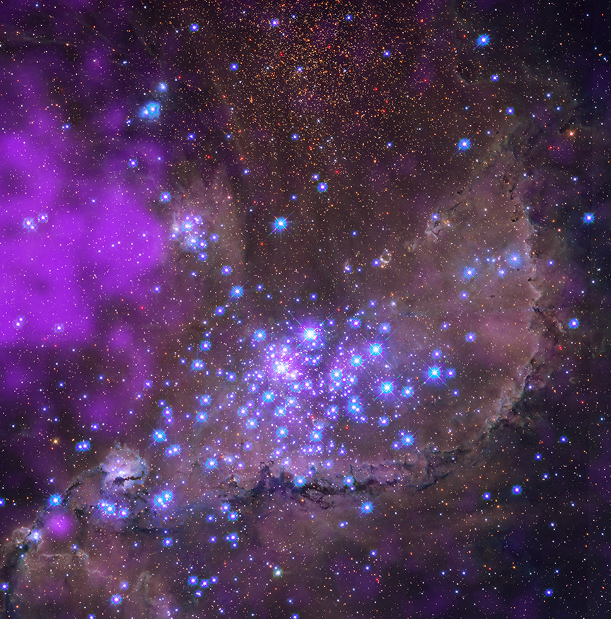 NASA_Marshall's tweet image. Welcome to our galactic daycare 🍼✨
@chandraxray has revealed the details of the NGC 346 cluster in this image - showcasing thousands of newborn stars radiating energy and the glowing debris of a supernova that came before them.
More about NASA's Chandra X-ray Observatory:…