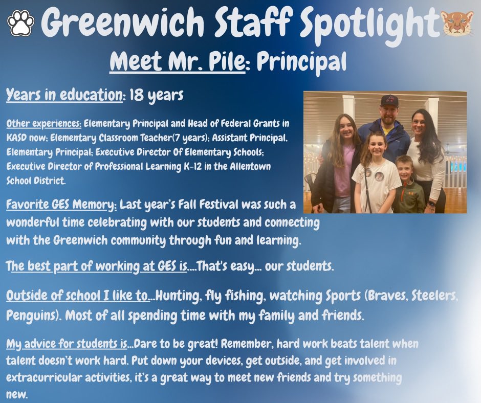 Throughout the next few weeks, we are going to be taking time to spotlight our amazing Greenwich staff, starting with our fearless leader, Mr. Pile! <a href="/MPileKASD/">Matthew Pile</a> #GESStaffSpotlight #GESCougars