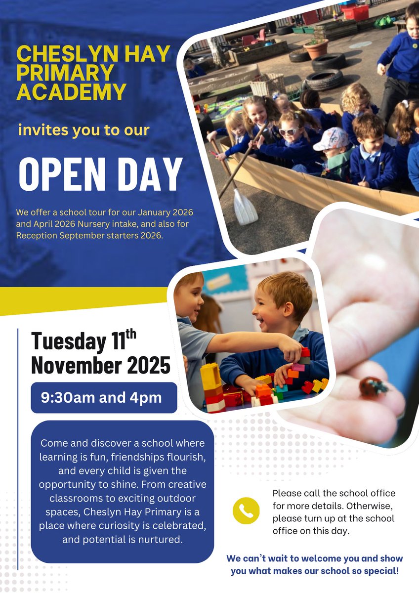 ✨ Discover a school where curiosity is celebrated and every child can shine! 

Join us at Cheslyn Hay Primary Academy for our Open Day on Tuesday 11th November at 9:30 AM or 4:00 PM. 

We can’t wait to welcome you! 🌟