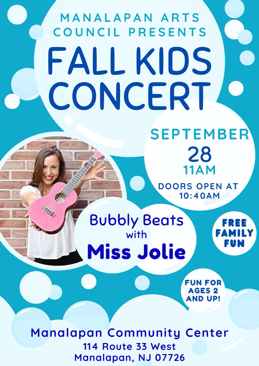 Don't forget, this Sunday, September 28, the Manalapan Arts Council is hosting a free kids concert featuring Miss Jolie, who is back by popular demand! At the Manalapan Community Center, 114 Rt 33 West, 11 am (doors open at 10:40). Fun for ages 2 and up! We hope to see you there!