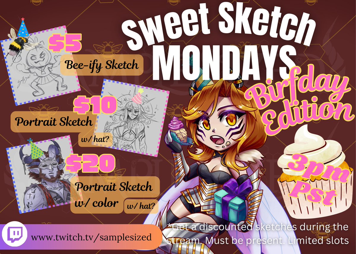 SamplesizedA's tweet image. The next Sweet Sketch Monday is upon us. (9/29) Will be a special BIFRDAY EDITION. Starting at 3pm PST, stop in to get some art and hang out! Get your OC as a bee!, With a party hat! With some cake...and maybe with some CAKE 😉
#Vtuber  #birthday #artist  #twitchstreamer