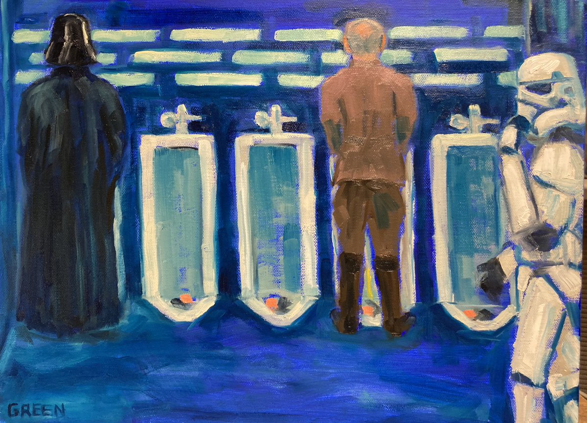A couple of fun pieces today! “Stormtrooper Laundry Day” and “Death Star Etiquette”,  both are 12” x 16”, oil on canvas and are available on my website and will also be available as prints. Dm with any questions, 

linktr.ee/DanielWGreenArt