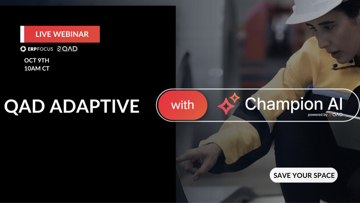 Struggling with on-time delivery + rising costs? 

Join Tom Roberts, QAD’s VP of Enterprise Engagement 
📅 Oct 9th @ 10 AM CT

See how QAD's Champion AI turns your ERP into a system of action &amp; uses real-time data to cut waste and prioritize work

Register:buff.ly/uAyPtVe