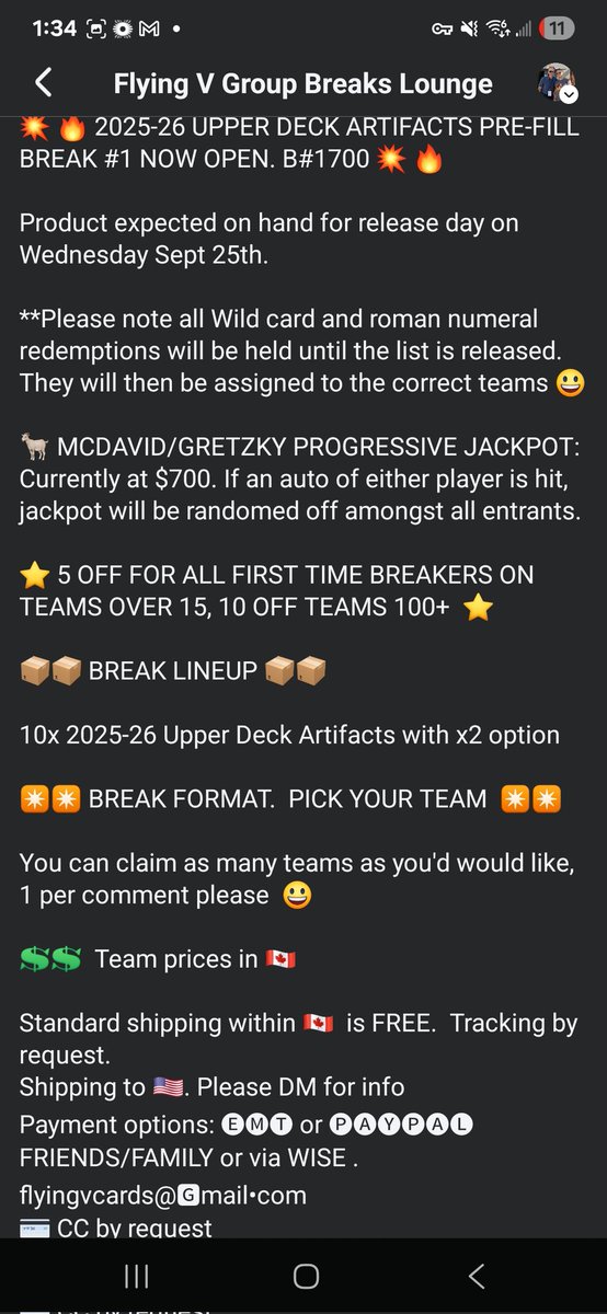FlyingVCards's tweet image. 🚨 25-26 Upper Deck Artifacts #GroupBreak Pre-Fill Now Open! 🚨 

🎁  Up to $10 off teams for all 1st time breakers!

💰 Prices in 🇨🇦. The remaining teams and details attached.

⏬️ Claim teams by commenting or sending me a DM 😃

#FlyingVCards
