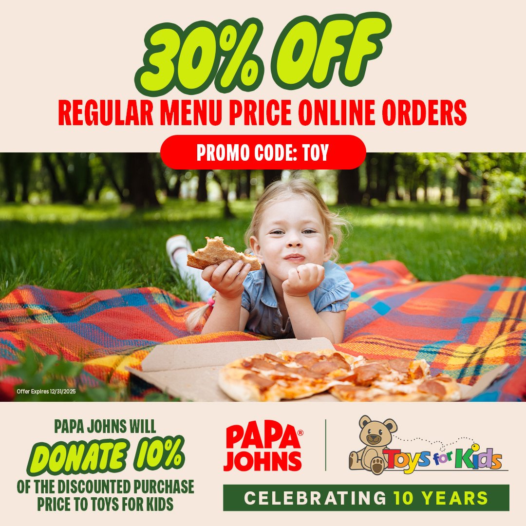SEAPapaJohns's tweet image. Saving 30% for you, giving 10% to kids in need! 🧸🎉 @TFKSeattle 

#PapaJohnsPugetSound #ToysForKids #10YearsStrong