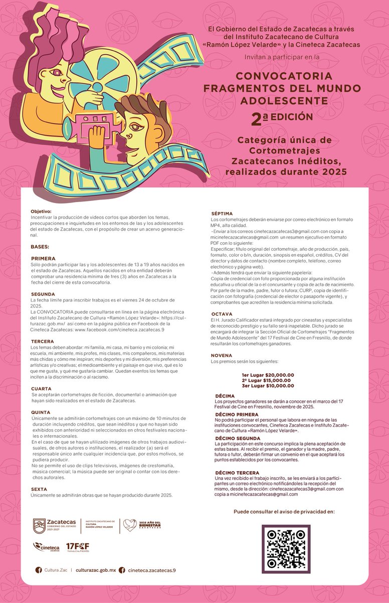 ¿Tienes entre 13 y 19 años y te gusta el cine?
¡Participa en la siguiente convocatoria! FRAGMENTOS DEL MUNDO ADOLESCENTE 2ª EDICIÓN. #cortometrajes #17FCF 👇👇<a href="/CinetecaZac/">Cineteca Zacatecas</a> <a href="/gobiernozac/">Gobierno de Zacatecas</a>